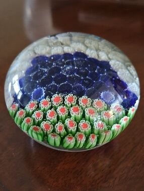 Vintage Murano Millefiori Scenic Landscape Paperweight Flower Field Sky 3”
